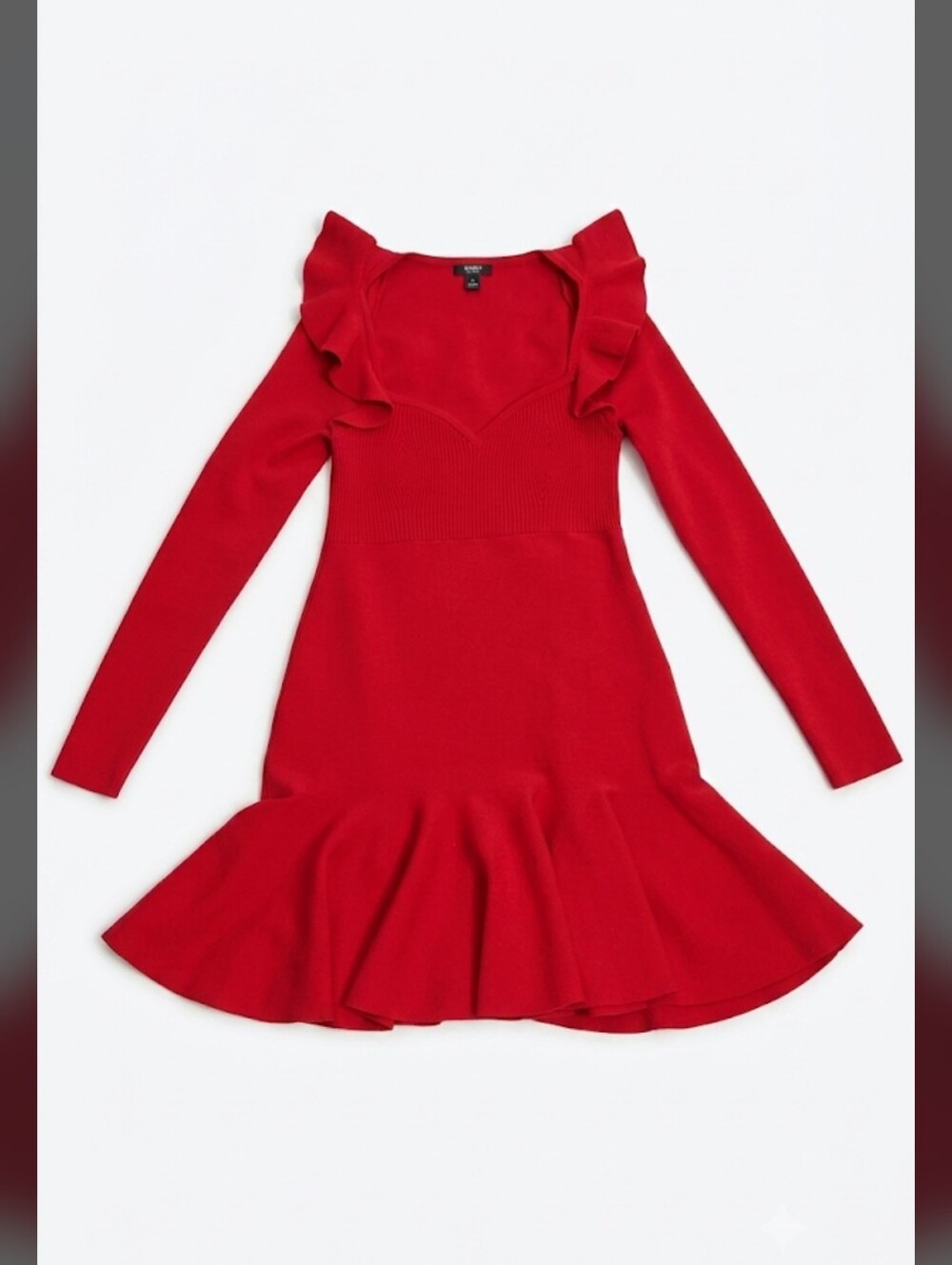 Express Body Contour Red Sweater Dress Small Ruffle Fit Flare Sweetheart Mini